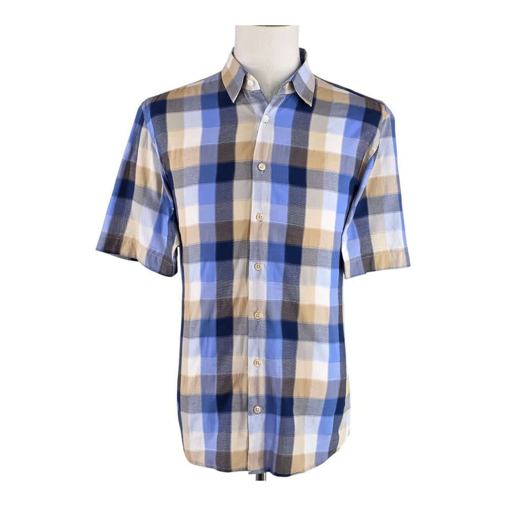 Modern Bohemia Haupt Check Shirt Men’s L 16.5 Blue Tan Plaid Cotton Summer...